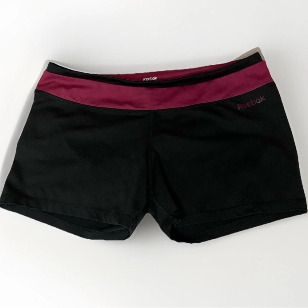 Reebok‎ Women Black and Purple Running Shorts Sz L CrossFit Stretch Comfort Gym